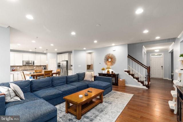 1509 Blakes Legacy Dr, Bel Air, MD 21014 - living room with stairway, recessed lighting, and dark wood-style flooring