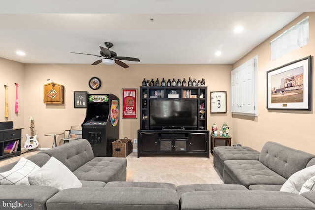 1509 Blakes Legacy Dr, Bel Air, MD 21014 - carpeted living area featuring a ceiling fan and recessed lighting