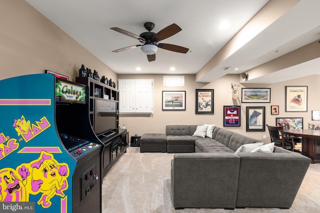 1509 Blakes Legacy Dr, Bel Air, MD 21014 - carpeted living room featuring ceiling fan and recessed lighting