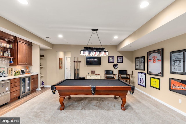 1509 Blakes Legacy Dr, Bel Air, MD 21014 - rec room with beverage cooler, bar area, pool table, recessed lighting, and light carpet