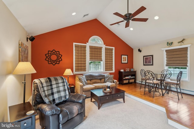 622 Hutchinson Ter, Holmes, PA 19043 - living area with ceiling fan, high vaulted ceiling, healthy amount of natural light, wood finished floors, and recessed lighting
