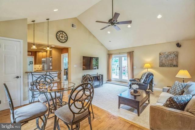 622 Hutchinson Ter, Holmes, PA 19043 - dining area with light wood-style flooring, ceiling fan, high vaulted ceiling, and recessed lighting