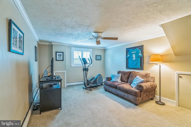 622 Hutchinson Ter, Holmes, PA 19043 - workout room featuring ceiling fan, carpet, crown molding, baseboard heating, and a textured ceiling