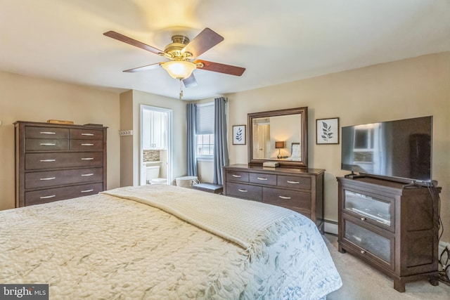 622 Hutchinson Ter, Holmes, PA 19043 - bedroom with light colored carpet, a baseboard heating unit, and a ceiling fan