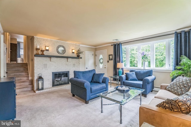 622 Hutchinson Ter, Holmes, PA 19043 - carpeted living room with a fireplace, a baseboard radiator, stairs, and crown molding