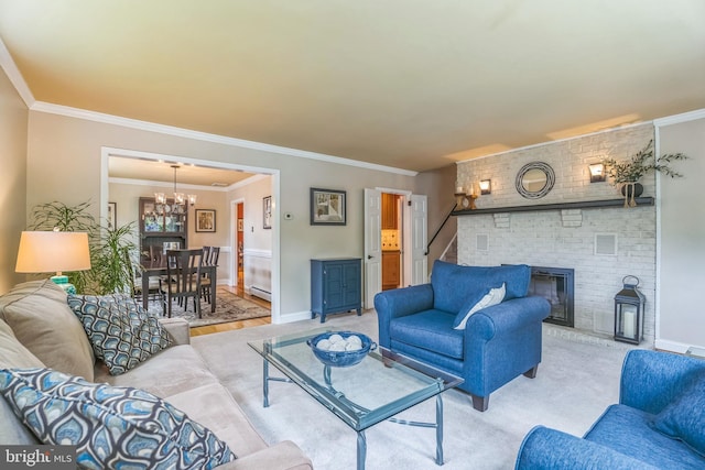 622 Hutchinson Ter, Holmes, PA 19043 - living area featuring a chandelier, crown molding, a fireplace, and stairway