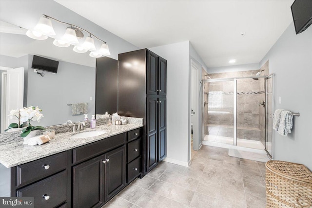 6808 Rehnquist Ct, New Market, MD 21774 - bathroom with vanity, a stall shower, baseboards, and tile patterned flooring