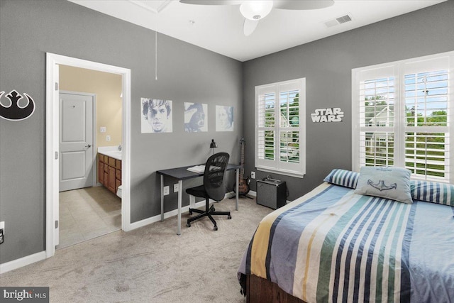6808 Rehnquist Ct, New Market, MD 21774 - bedroom with light colored carpet, baseboards, attic access, ensuite bathroom, and a ceiling fan