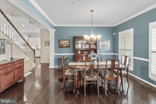 6808 Rehnquist Ct, New Market, MD 21774 - dining area featuring hardwood / wood-style flooring, stairway, ornamental molding, a chandelier, and baseboards