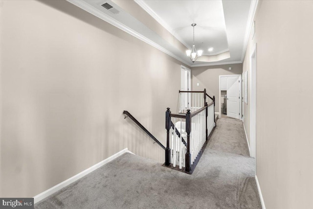 6808 Rehnquist Ct, New Market, MD 21774 - hall featuring an upstairs landing, ornamental molding, carpet flooring, baseboards, and a tray ceiling