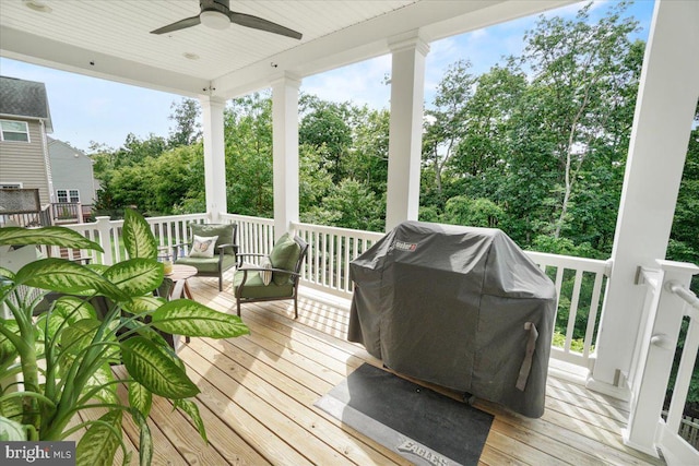 6808 Rehnquist Ct, New Market, MD 21774 - wooden deck featuring ceiling fan, a grill, and view of scattered trees