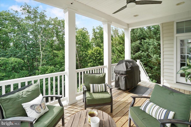 6808 Rehnquist Ct, New Market, MD 21774 - wooden deck featuring a ceiling fan, an outdoor living space, and area for grilling