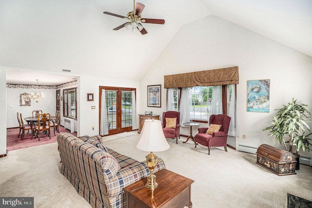 787 Park Rd, Lansdale, PA 19446 - carpeted living room featuring high vaulted ceiling, radiator heating unit, a chandelier, ceiling fan, and a baseboard radiator