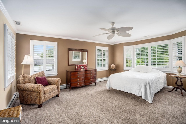 787 Park Rd, Lansdale, PA 19446 - carpeted bedroom featuring baseboard heating, crown molding, and a ceiling fan