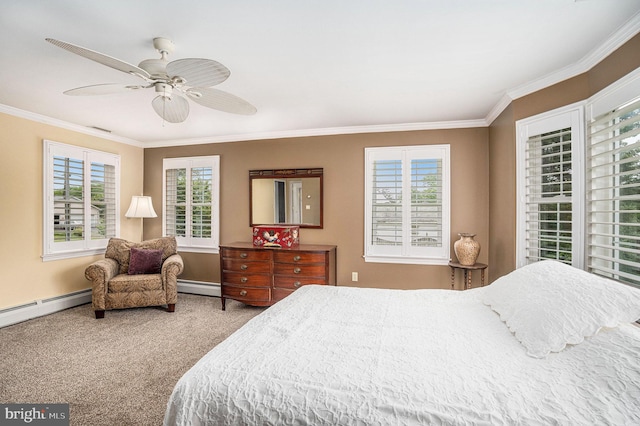 787 Park Rd, Lansdale, PA 19446 - carpeted bedroom featuring crown molding, multiple windows, a baseboard heating unit, and ceiling fan
