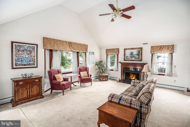 787 Park Rd, Lansdale, PA 19446 - living area with carpet, high vaulted ceiling, a baseboard radiator, and healthy amount of natural light