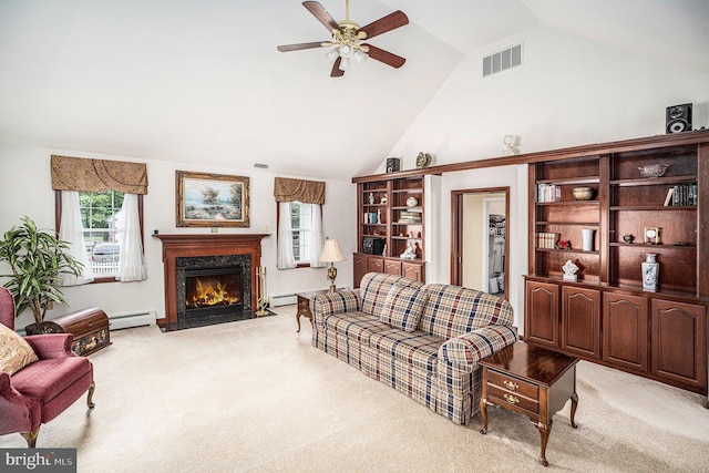 787 Park Rd, Lansdale, PA 19446 - living area with a baseboard heating unit, light carpet, a ceiling fan, a fireplace, and high vaulted ceiling