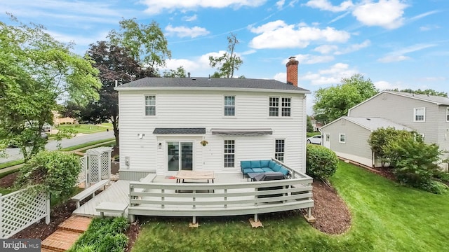 200 Paris Ct SW, Vienna, VA 22180 - back of property with a chimney, an outdoor living space, a wooden deck, and a yard
