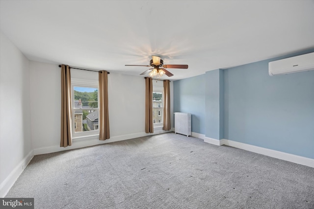 534 Spring Mill Ave, Conshohocken, PA 19428 - empty room with radiator heating unit, a wall mounted AC, ceiling fan, carpet flooring, and baseboards