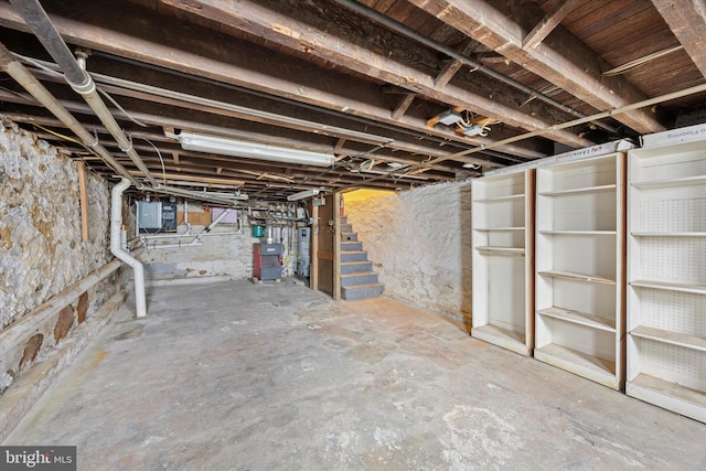 534 Spring Mill Ave, Conshohocken, PA 19428 - unfinished below grade area featuring gas water heater, stairway, and electric panel