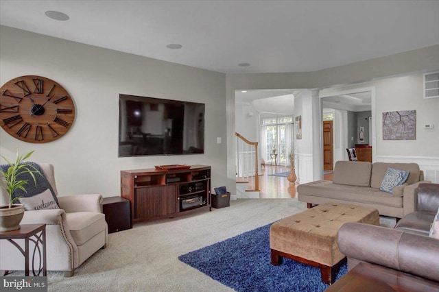 11516 Mystic Rock Ln N, Waynesboro, PA 17268 - carpeted living room featuring ornate columns and stairway