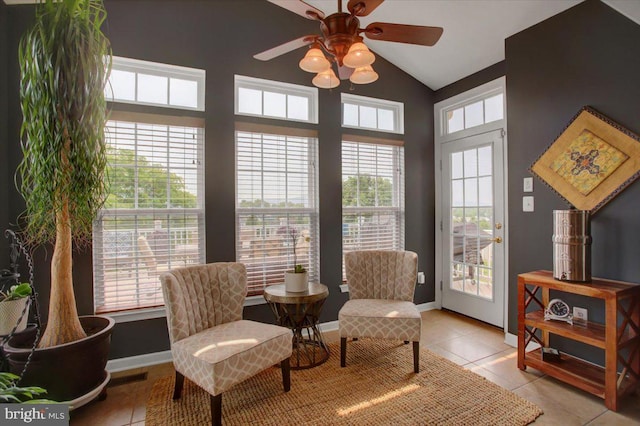 11516 Mystic Rock Ln N, Waynesboro, PA 17268 - living area with a ceiling fan, lofted ceiling, light tile patterned floors, and baseboards