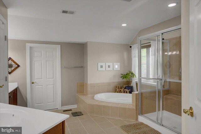 11516 Mystic Rock Ln N, Waynesboro, PA 17268 - bathroom featuring vanity, tile patterned floors, a bath, a stall shower, and recessed lighting