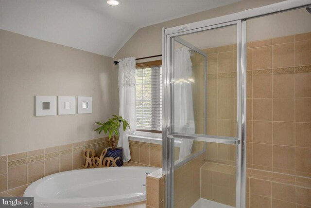 11516 Mystic Rock Ln N, Waynesboro, PA 17268 - bathroom with a bath, a stall shower, and vaulted ceiling