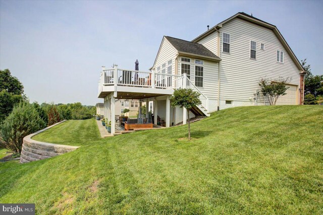 11516 Mystic Rock Ln N, Waynesboro, PA 17268 - back of property with a wooden deck, stairway, a garage, and a yard