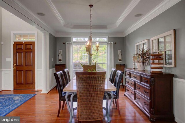11516 Mystic Rock Ln N, Waynesboro, PA 17268 - dining room featuring wood finished floors, a wainscoted wall, a tray ceiling, and crown molding