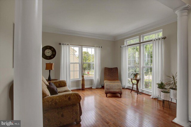 11516 Mystic Rock Ln N, Waynesboro, PA 17268 - living area with decorative columns, ornamental molding, hardwood / wood-style flooring, and baseboards