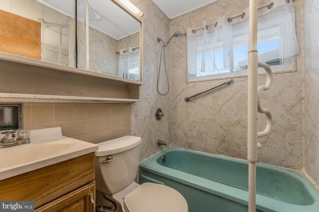 54 Cobalt Ridge Dr E, Levittown, PA 19057 - bathroom featuring bathtub / shower combination, tile walls, vanity, toilet, and tasteful backsplash