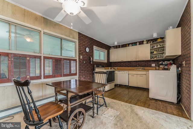 54 Cobalt Ridge Dr E, Levittown, PA 19057 - kitchen with white appliances, washer / dryer, brick wall, wood finished floors, and ceiling fan