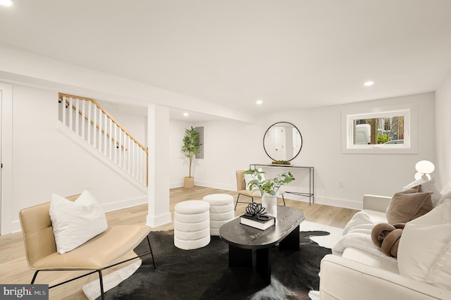 4308 4th St NW, Washington, DC 20011 - living area with stairway, recessed lighting, light wood-style floors, and baseboards