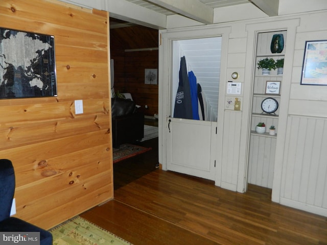 126 Ivy Ln, Lock Haven, PA 17745 - hall with wood finished floors, wooden walls, and beam ceiling