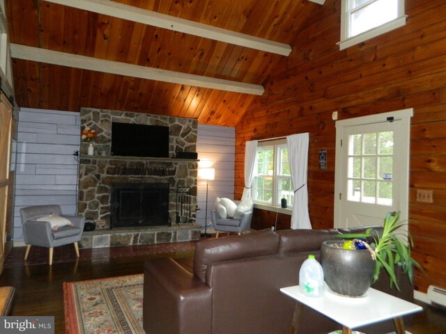 126 Ivy Ln, Lock Haven, PA 17745 - living area featuring wood finished floors, a fireplace, wooden walls, and wood ceiling
