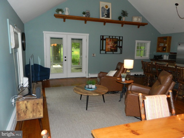 126 Ivy Ln, Lock Haven, PA 17745 - living room featuring a baseboard radiator, high vaulted ceiling, wood finished floors, french doors, and baseboards