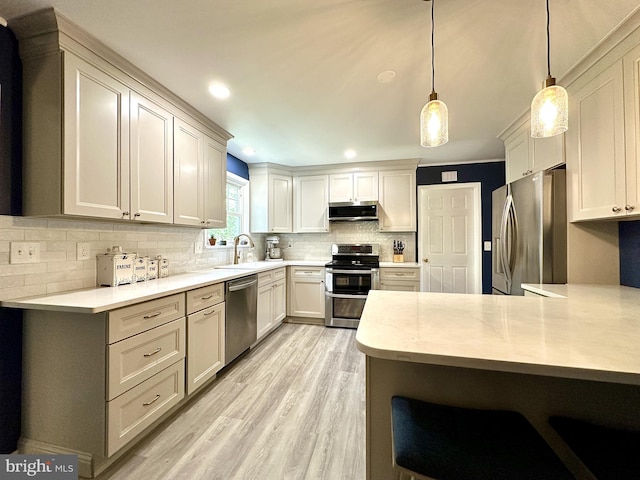 113 Sypherd Dr, Newark, DE 19711 - kitchen featuring stainless steel appliances, a peninsula, a sink, light wood-type flooring, and backsplash