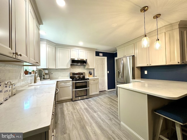 113 Sypherd Dr, Newark, DE 19711 - kitchen featuring appliances with stainless steel finishes, a sink, a peninsula, tasteful backsplash, and light wood finished floors
