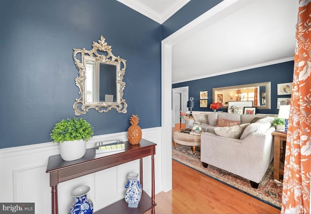 128 Durso Dr, Newark, DE 19711 - living room with ornamental molding, a wainscoted wall, and wood finished floors