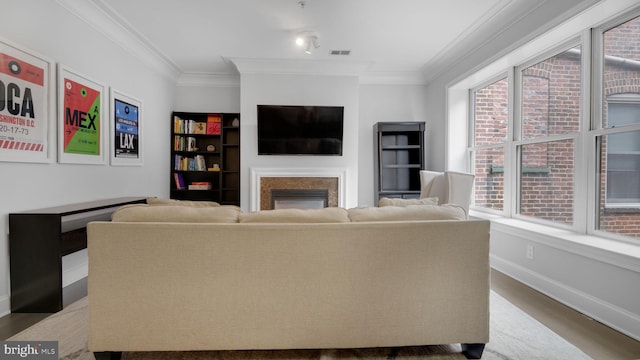 1323 Clifton St NW Unit 34, Washington, DC 20009 - living area featuring a glass covered fireplace, ornamental molding, and wood finished floors