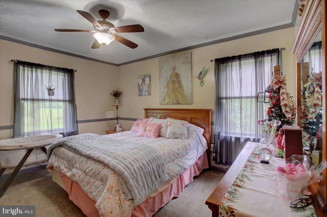 50 Valleyview Dr, Littlestown, PA 17340 - bedroom featuring carpet floors, multiple windows, ornamental molding, and ceiling fan
