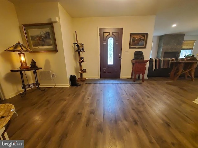 10 Stevens Ln, Tabernacle, NJ 08088 - foyer entrance with wood finished floors, healthy amount of natural light, baseboards, recessed lighting, and a large fireplace