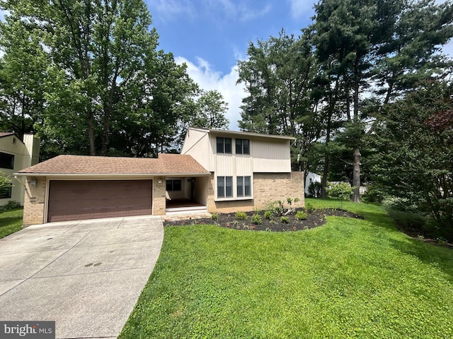 9001 Wetbanks Ct, Columbia, MD 21045 - view of front facade with brick siding, a garage, concrete driveway, and a front lawn