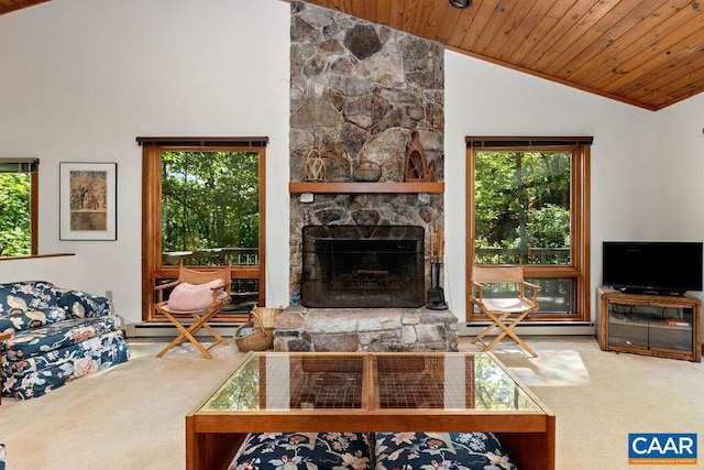 98 Pedlars Pt, Roseland, VA 22967 - carpeted living room with vaulted ceiling, a baseboard radiator, wood ceiling, plenty of natural light, and a fireplace
