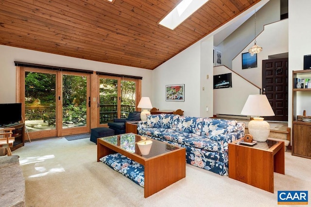 98 Pedlars Pt, Roseland, VA 22967 - living room featuring carpet, high vaulted ceiling, wood ceiling, and a skylight