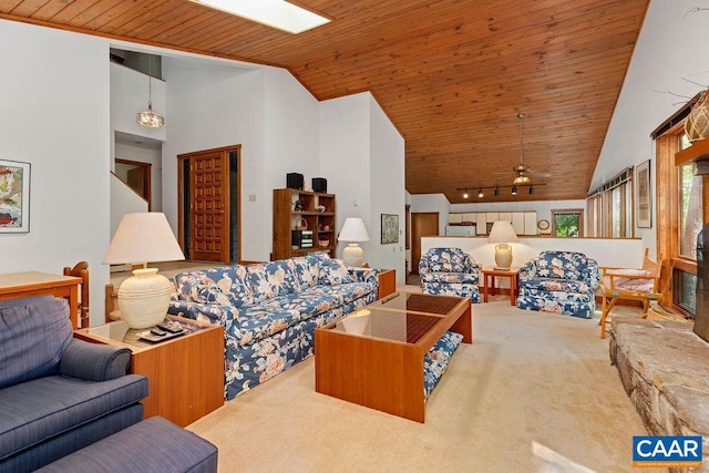 98 Pedlars Pt, Roseland, VA 22967 - living room featuring wooden ceiling, carpet flooring, high vaulted ceiling, a ceiling fan, and a skylight