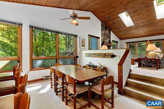 98 Pedlars Pt, Roseland, VA 22967 - dining area featuring carpet floors, wood ceiling, baseboards, high vaulted ceiling, and a ceiling fan
