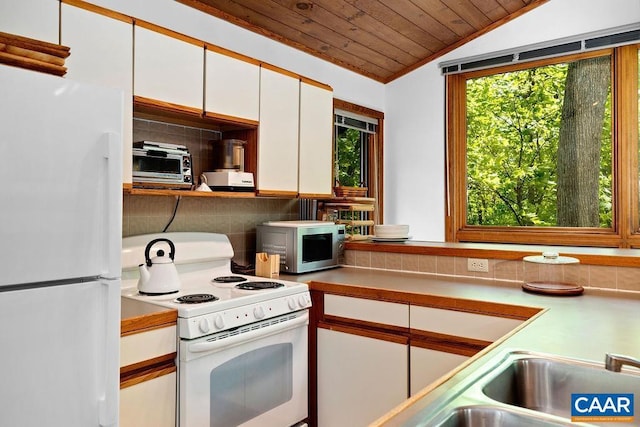 98 Pedlars Pt, Roseland, VA 22967 - kitchen featuring white appliances, healthy amount of natural light, white cabinets, vaulted ceiling, and backsplash