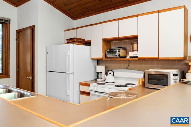 98 Pedlars Pt, Roseland, VA 22967 - kitchen featuring white appliances, tasteful backsplash, wood ceiling, white cabinetry, and light countertops
